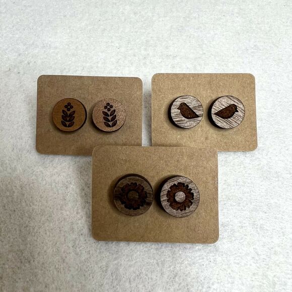 3 Pack Wooden Engraved Stud Earrings - Picture 1 of 4